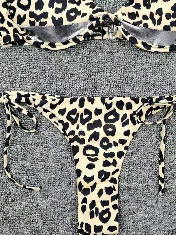 Leopard Print Split-Joint Bandage Split Bikini Swimsuit