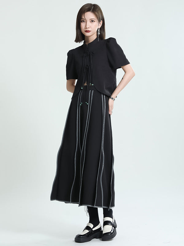 Original Stand Collar Puff Sleeves Black Split-Joint Blouse