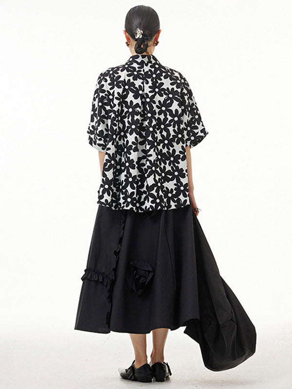 Simple Loose Floral Printed Split-Joint Blouse