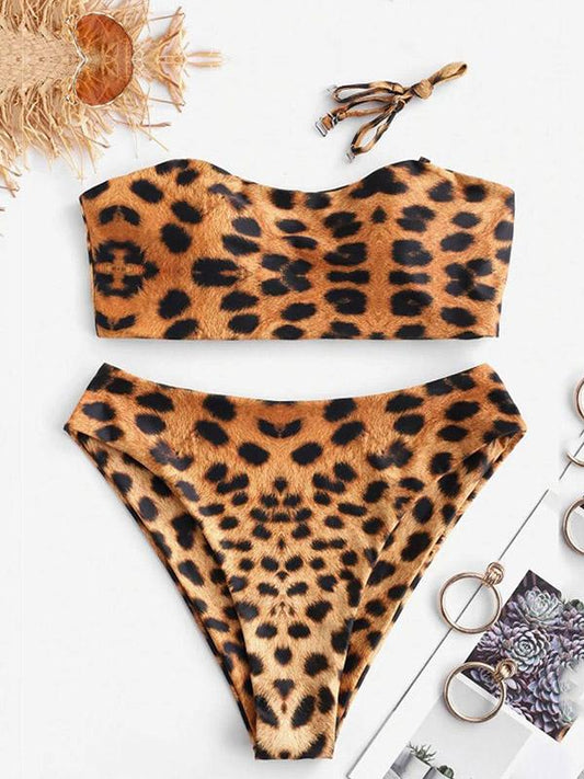 Leopard Print Bandeau Split Bikini Swimsuit