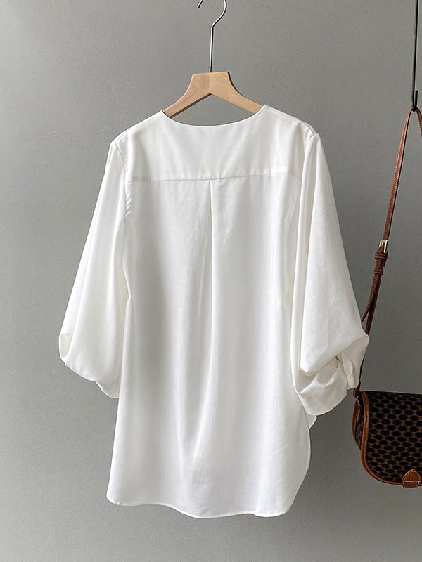 Casual Solid Color Pleated Buttoned Round-Neck Puff Sleeves Blouse