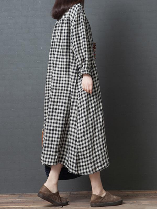 Linen Plaid Plus Size Loose Shirt Midi Dresses