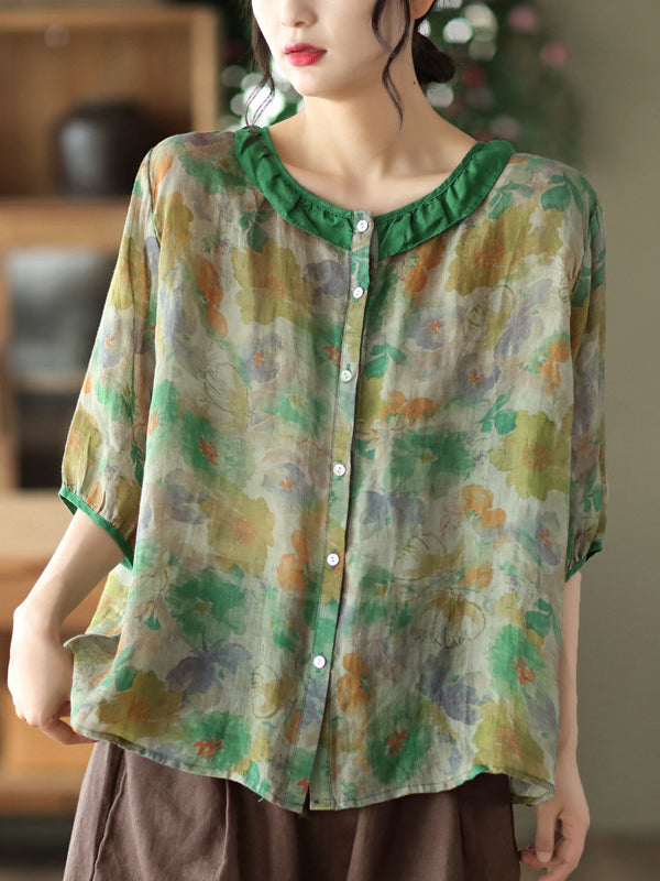 Vintage Artistic Retro Loose Floral Printed Pleated Ramie Cotton Blouse