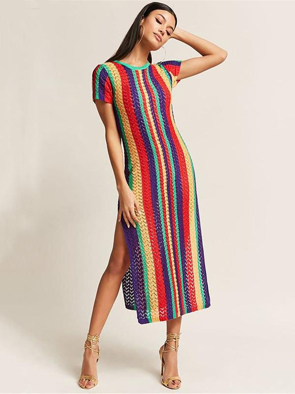 Colorful Stripes Split-side Cover-up Swimwear