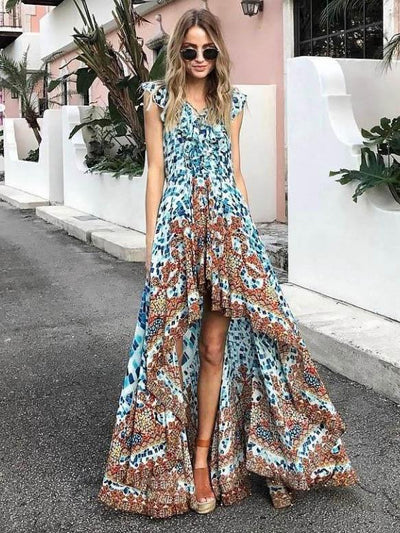 Asymmetric Sleeveless Falbala Maxi Dress