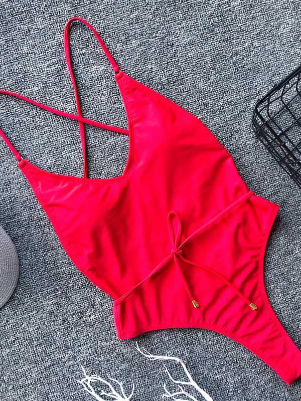 Spaghetti Strap Plain One Piece Swimsuit