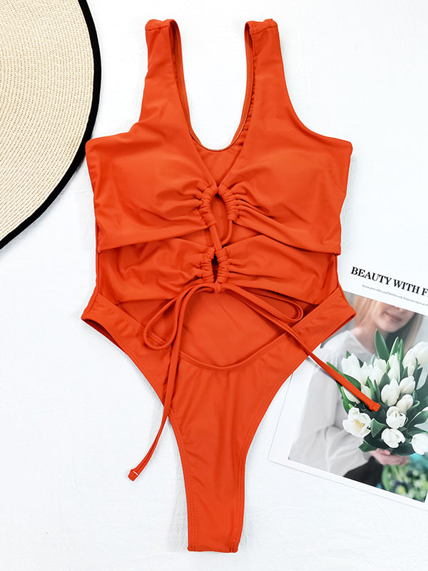 Brown Drawstring Tied One-Piece Swimsuit