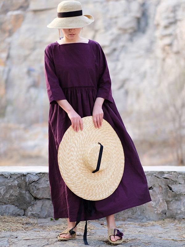 Casual Literary Square-cut Collar Long Dress