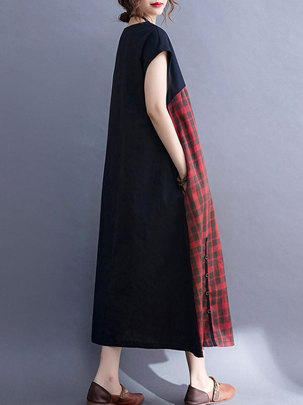 Vintage Plaid Split-Joint Round-Neck Midi Dress