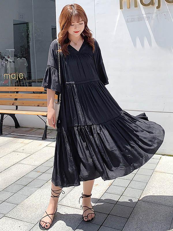 Loose Flared Sleeves Solid Layeres Dress