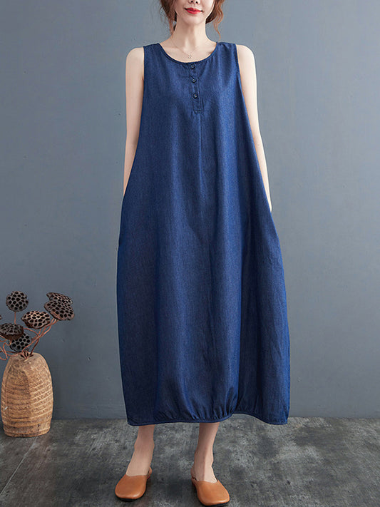 Simple Casual Denim Solid Color Midi Dress