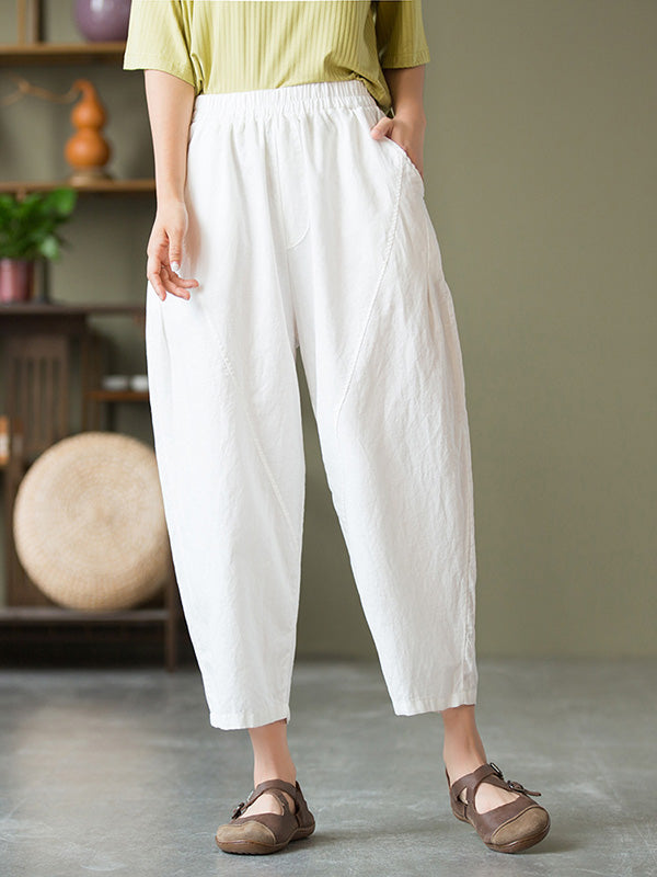 Simple Loose Linen Solid Color Split-Joint Pleated Drawstring Casual Pants