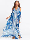 Blue White Printed Loose Plus Size Tasseled Bikini Cover-ups