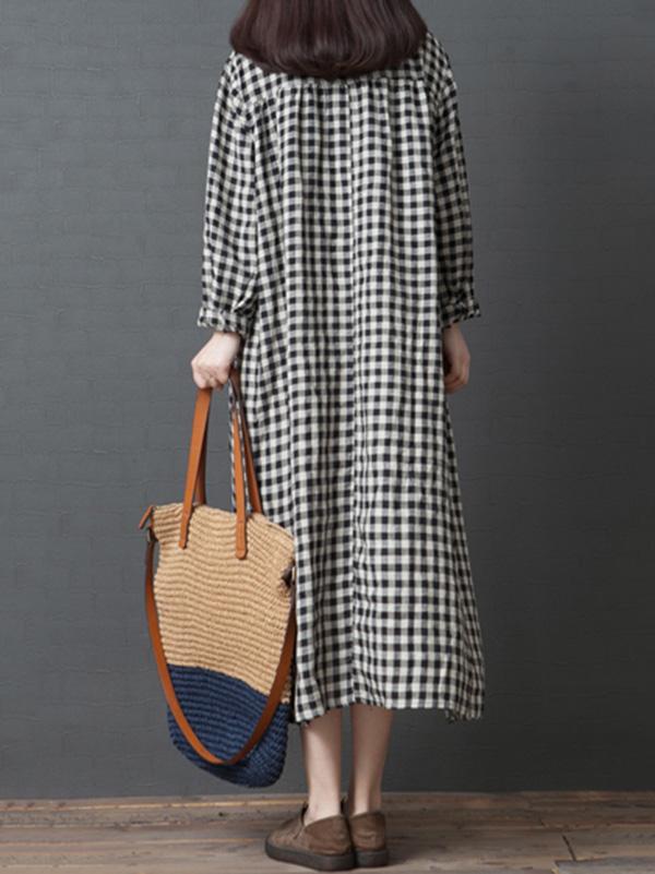 Linen Plaid Plus Size Loose Shirt Midi Dresses