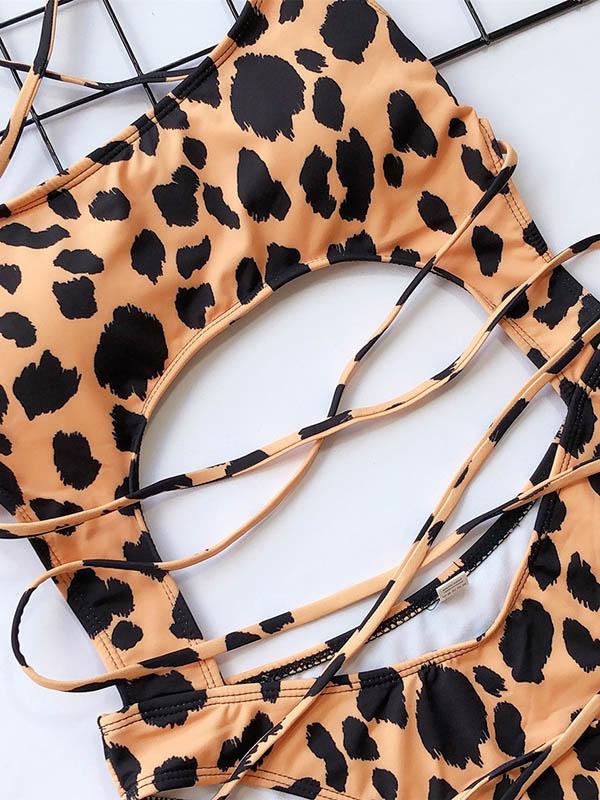 Leopard-Print Hollow Straps One-Piece Swimsuit