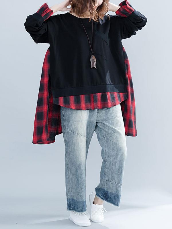 Loose Oversize Split-joint Plaid Sweatshirt