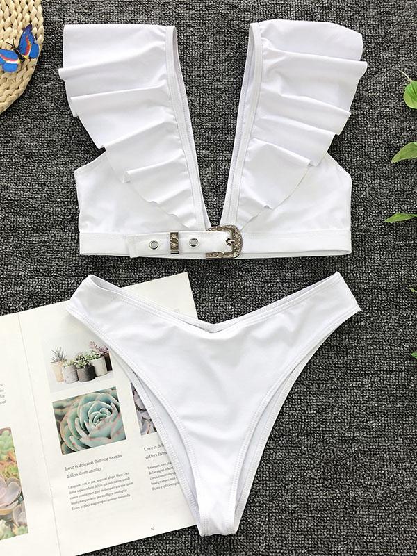 Sexy Flounces V-Neck Metal Buckle Split Bikini Swimsuit