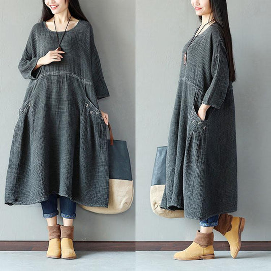 Retro String Pocket Women Dark Gray Dress