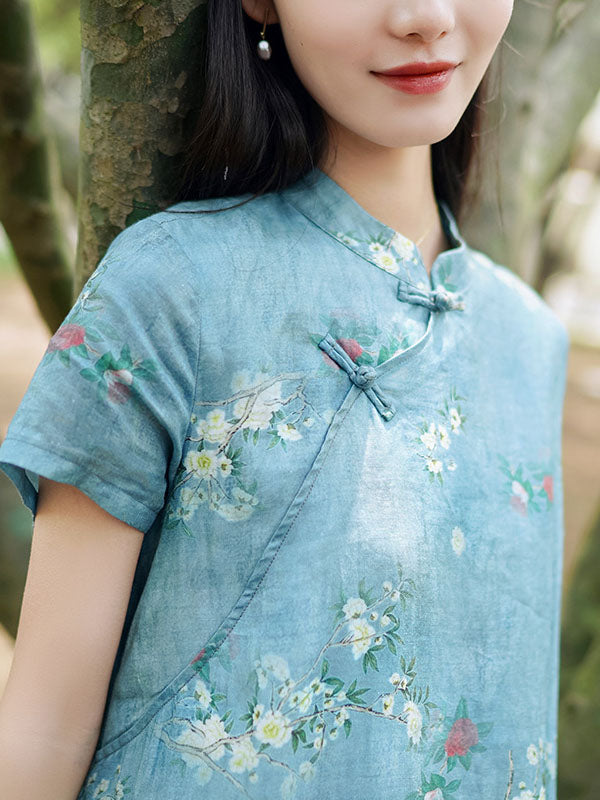 Vintage Ramie Cotton Floral Printed Stand Collar Split-Side Short Sleeves Dress Long Cheongsam