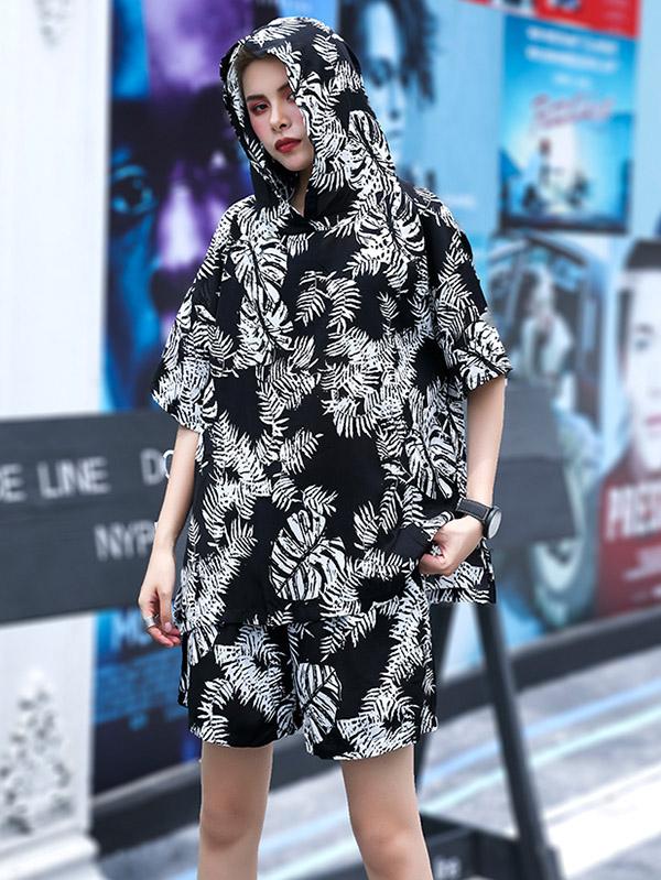 Loose Hooded Floral Printed T-shirt And Shorts Suits