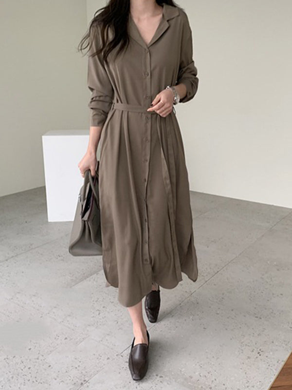 Urban Solid Color Elasticity Waist Long Sleeve Shirt Dress