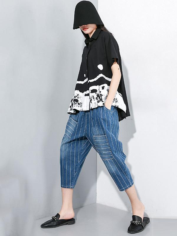 Striped Elastic Waist Design Harem Pants