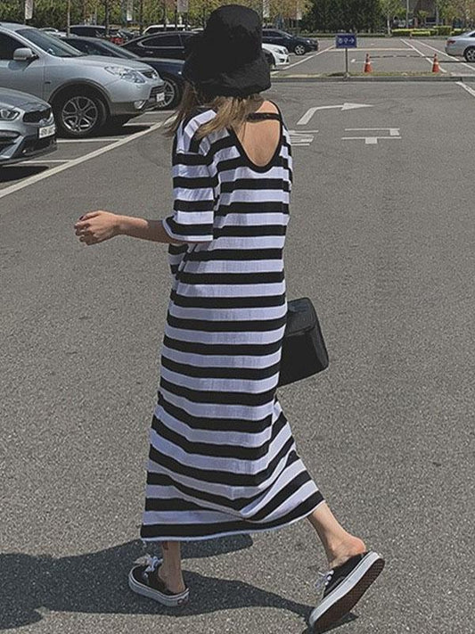 Loose Comfortable Simple Striped Long Dress