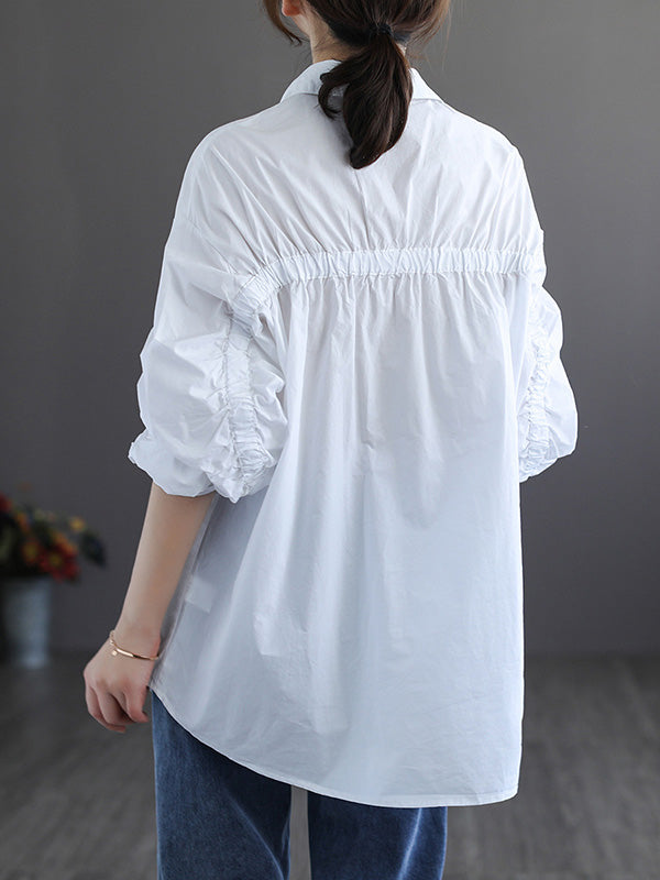 Simple Split-Joint Pleated Buttoned Lapel Collar Long Sleeves Blouses