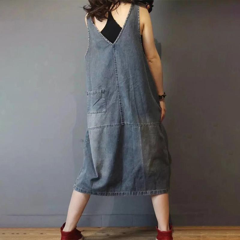 Denim Spliced Patchwork Washed Suspenders Dress