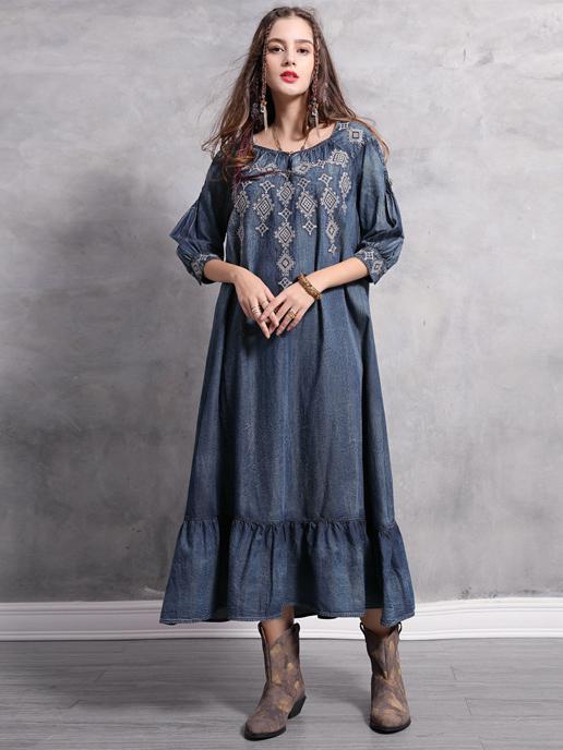 Plus Size Loose Embroidered Ruffled Midi Dresses