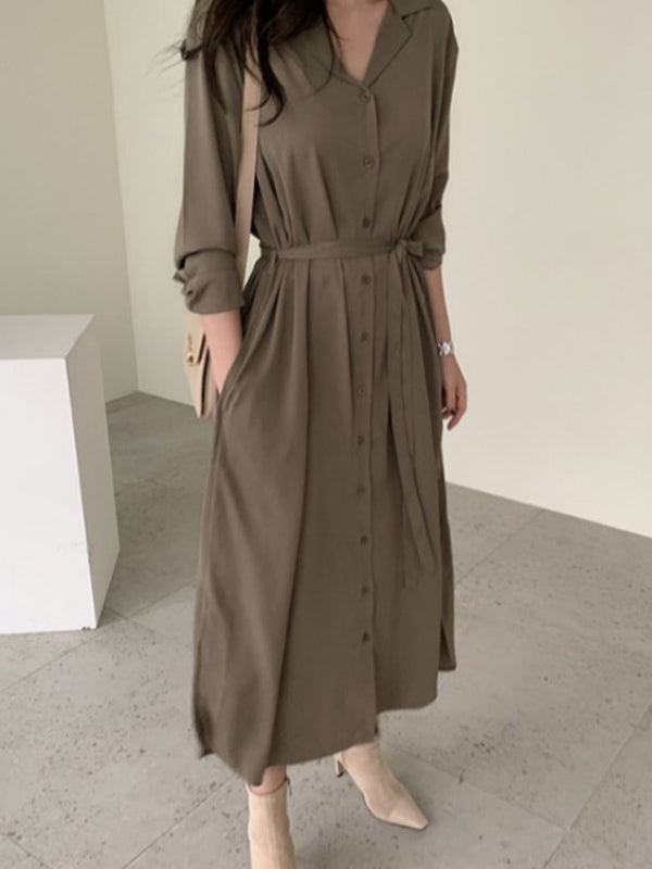 Urban Solid Color Elasticity Waist Long Sleeve Shirt Dress