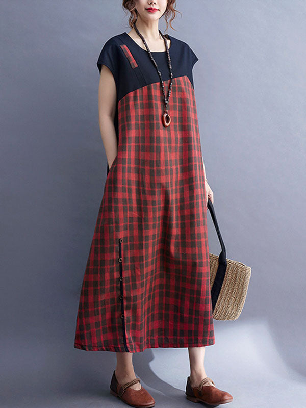 Vintage Plaid Split-Joint Round-Neck Midi Dress