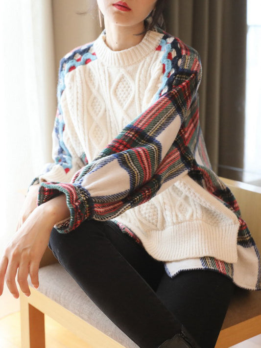 False Two Pullover Plaid Knitwear Splicing Sweater