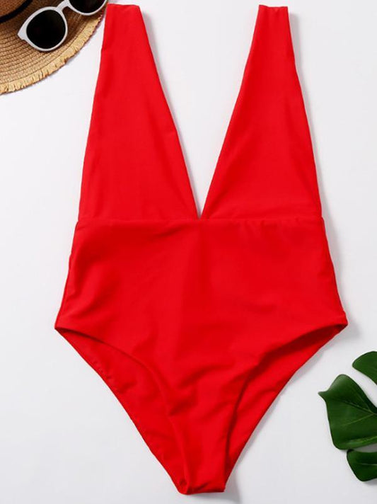 Solid Color Deep V-Neck One-Piece Swimwear