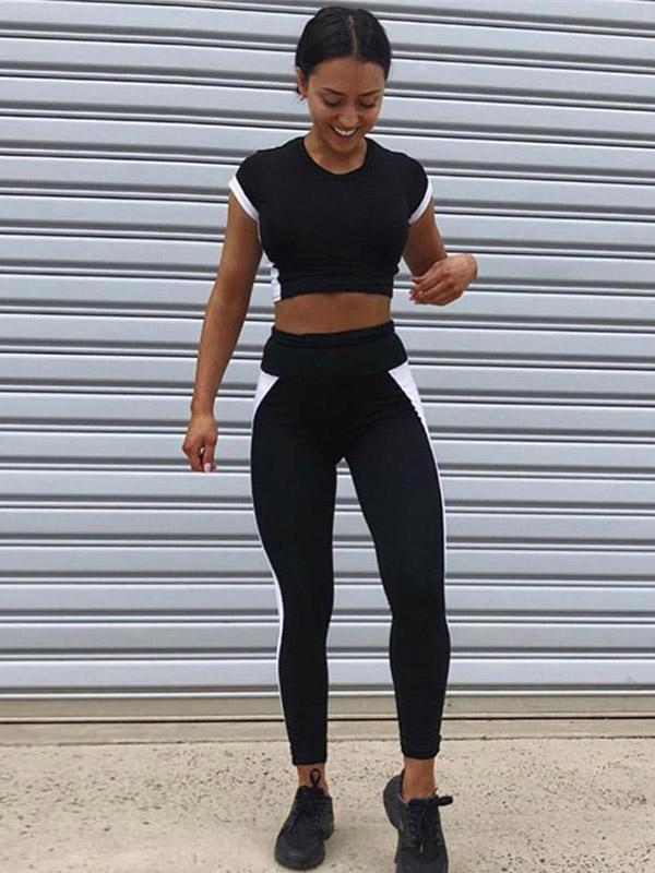 Two Tone Cropped Tee And Leggings Yoga Suits