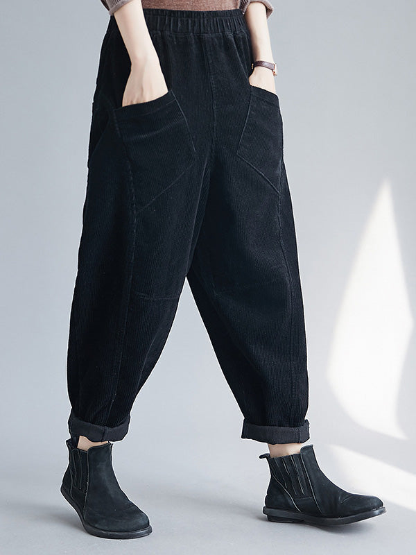 Casual Solid Color Split-Joint With Pocket Elasticity Wide Legs Corduroy Harem Pants