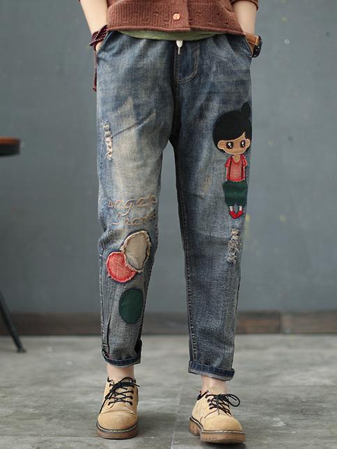 Vintage Embroidered Applique Elastic Waist Jean Pants