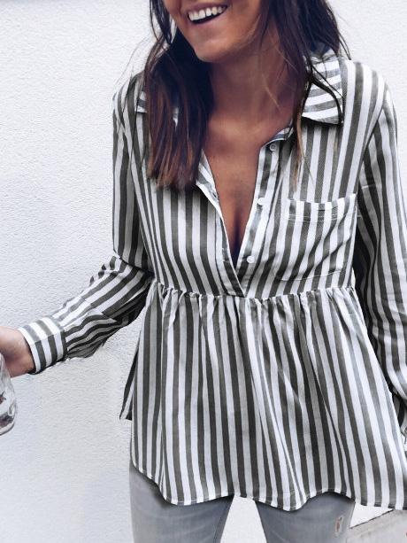 Casual Long Sleeves Striped Blouses&shirts Tops