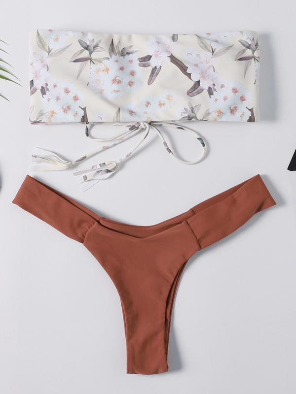 Printed Lace-up Top With Plain Panty Bikini Set