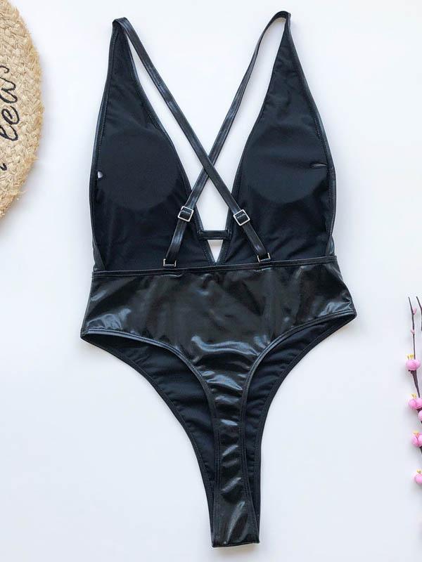 Patent Leather Deep V-Neck One-Piece Swimwear