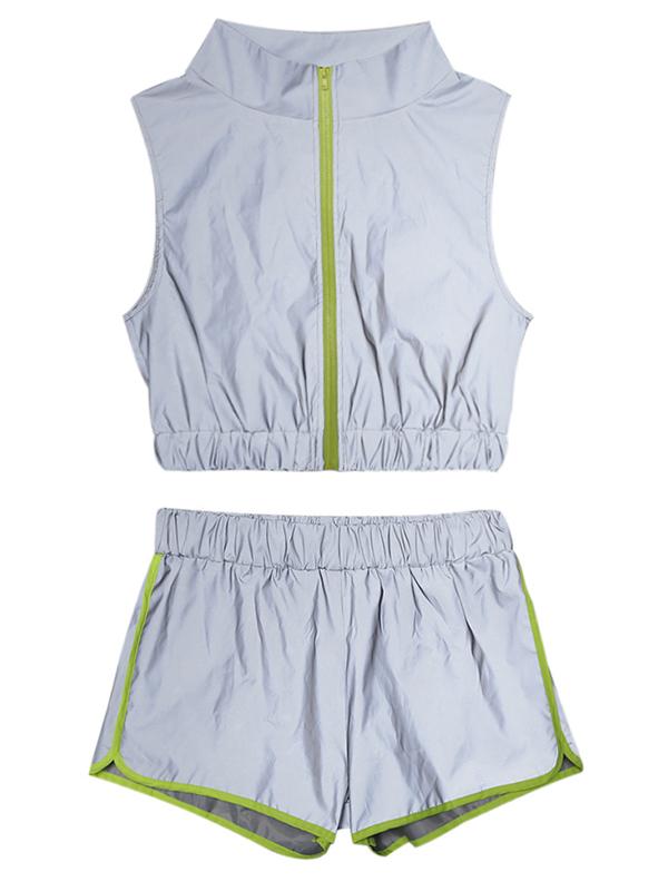 Sleeveless Zipper Crop Tanks And Shorts Suits