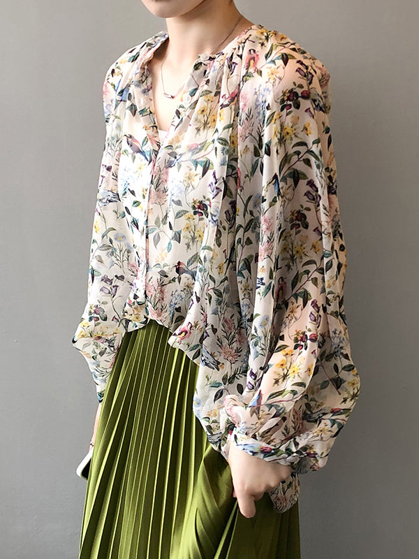 Urban Multi-Colored Floral Printed Puff Sleeves Chiffon Blouse