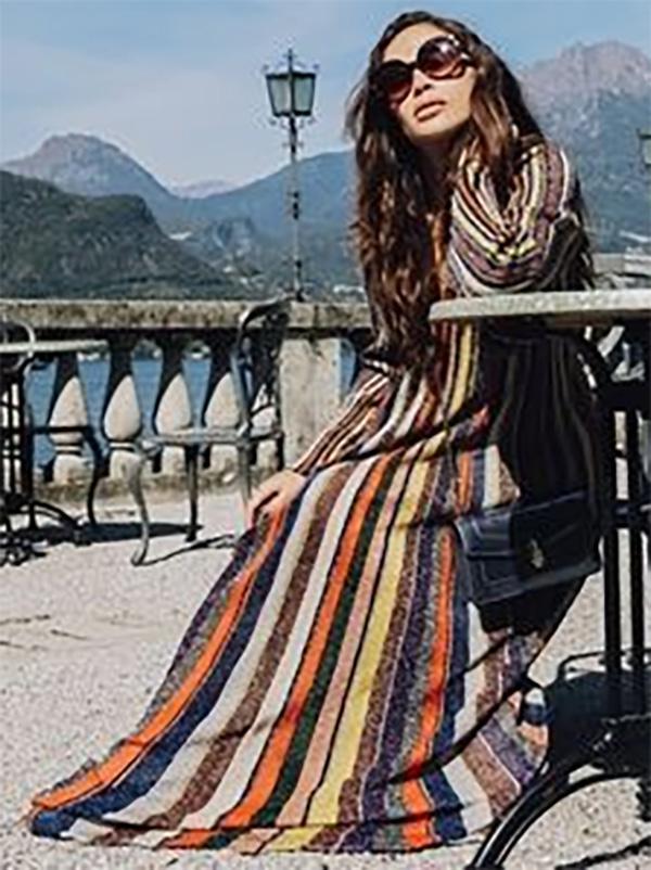 Fashion Long Dress in Colorful Stripes with Long Sleeves