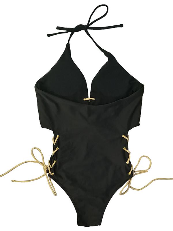 Lace-up Black Backless One-piece Swimwear