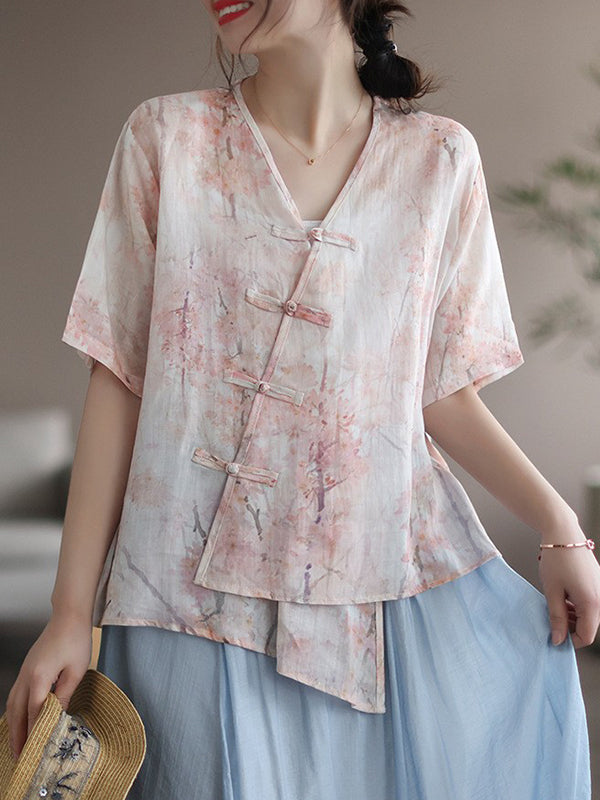 Artistic Retro Loose Ramie Cotton Buttoned Floral Printed Blouse