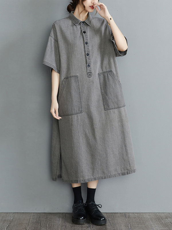 Artistic Retro Split-Joint Lapel Short Sleeves Loose Shirt Dress