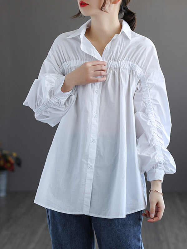 Simple Split-Joint Pleated Buttoned Lapel Collar Long Sleeves Blouses