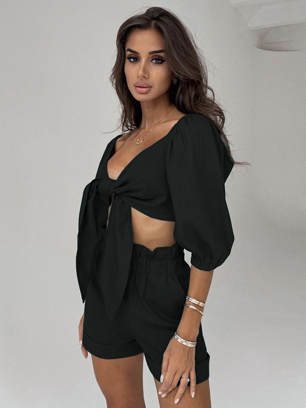 9 Colors Fashion Solid Color Blouse&Shorts Two Pieces Set