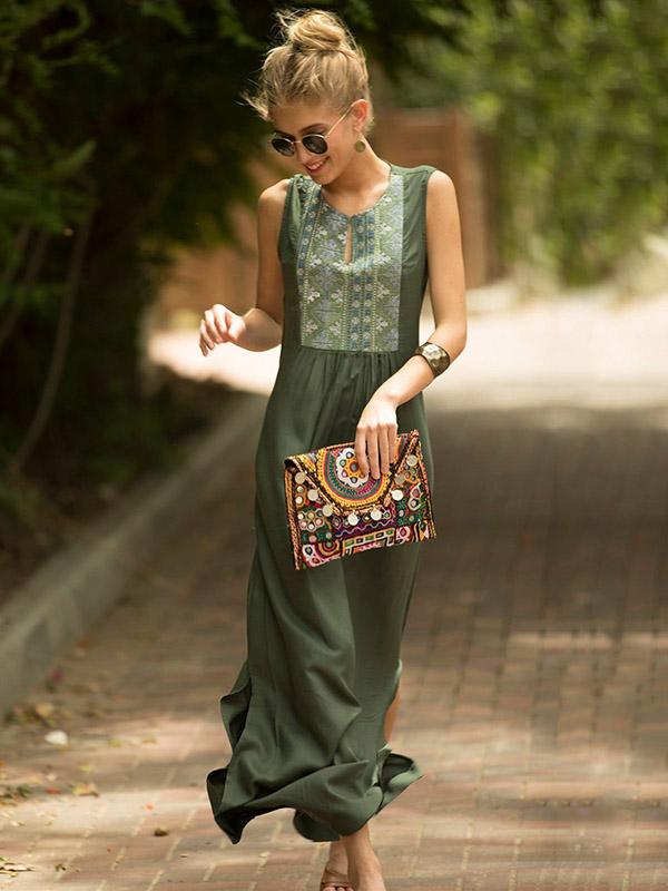 Bohemia Embroider Deep Green  Sleeveless Maxi Dresses