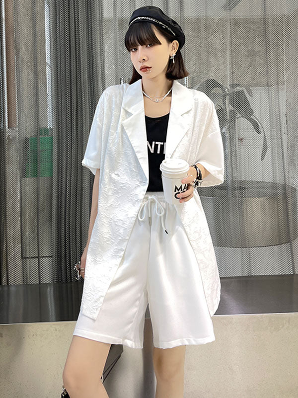 Solid Color Elastic Wide Leg Trousers+Notched Collar Short Sleeves Blazers 2 Pieces Set